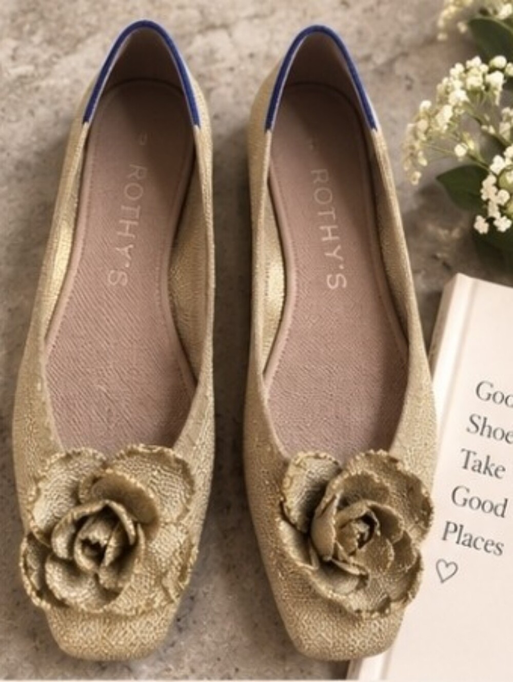 Rothy’s The Petal Square Flats 8.5 Light Gold Metallic Rosette Ballet Shoes